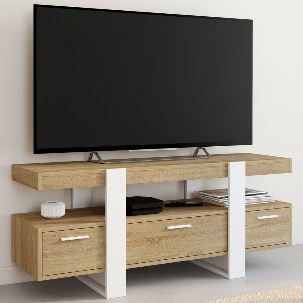 Meuble tv 116 cm phoenix avec tiroirs bois et blanc