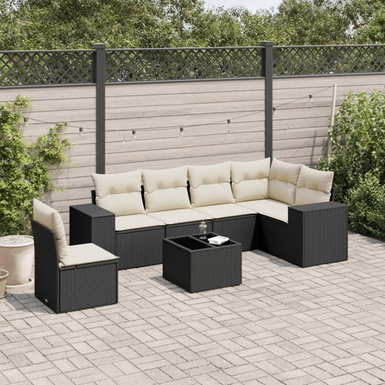 Salon de jardin 7 pcs avec coussins noir résine tressée