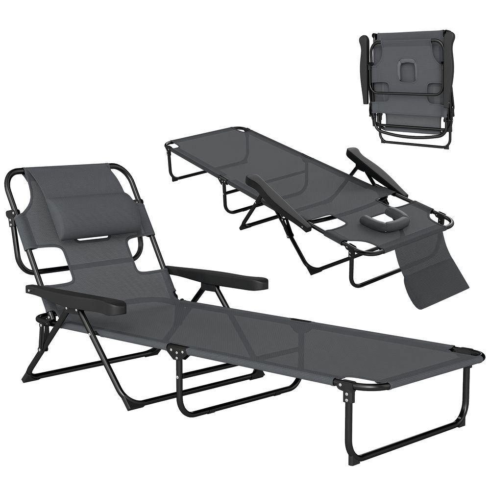 Bain de soleil transat pliable inclinable - coussins, espace tête - acier noir polyester antracite