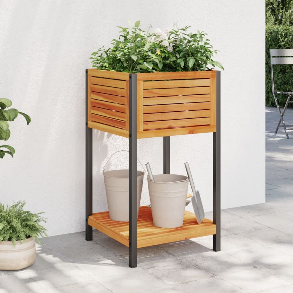 Jardinière haute avec étagère en bois d'acacia et acier 45x45x80 cm