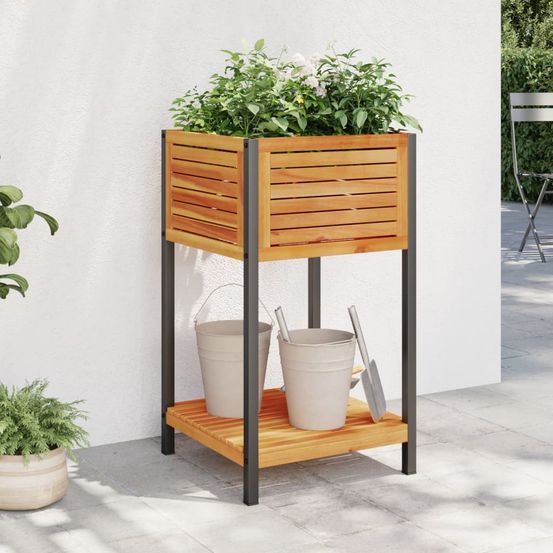 Jardinière haute avec étagère en bois d'acacia et acier 45x45x80 cm