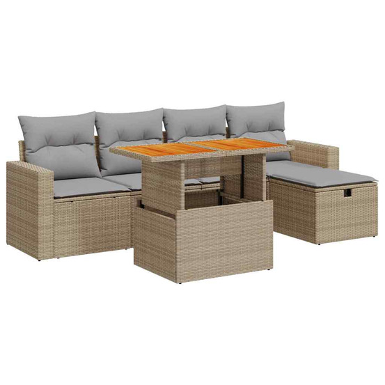 Salon de jardin 6 pcs avec coussins beige résine tressée acacia