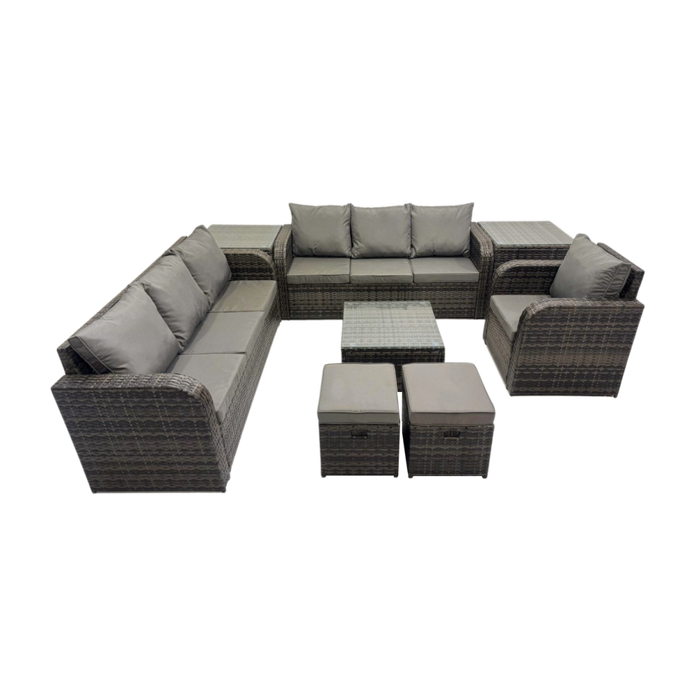 9 places salon de jardin exterieur avec canapés table basse carrée chaise inclinable 2 petits tabourets 2 tables d'appoint