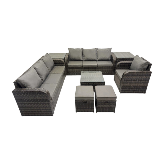 9 places salon de jardin exterieur avec canapés table basse carrée chaise inclinable 2 petits tabourets 2 tables d'appoint