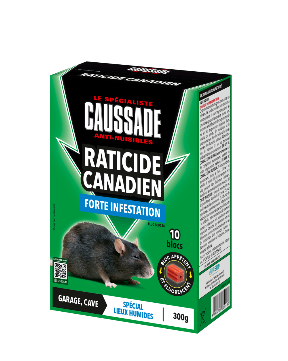 Caussade raticide canadien - anti rats - efficacité radicale - lieux très humides – 10 appâts blocs fluorescents - 300g carblbf300