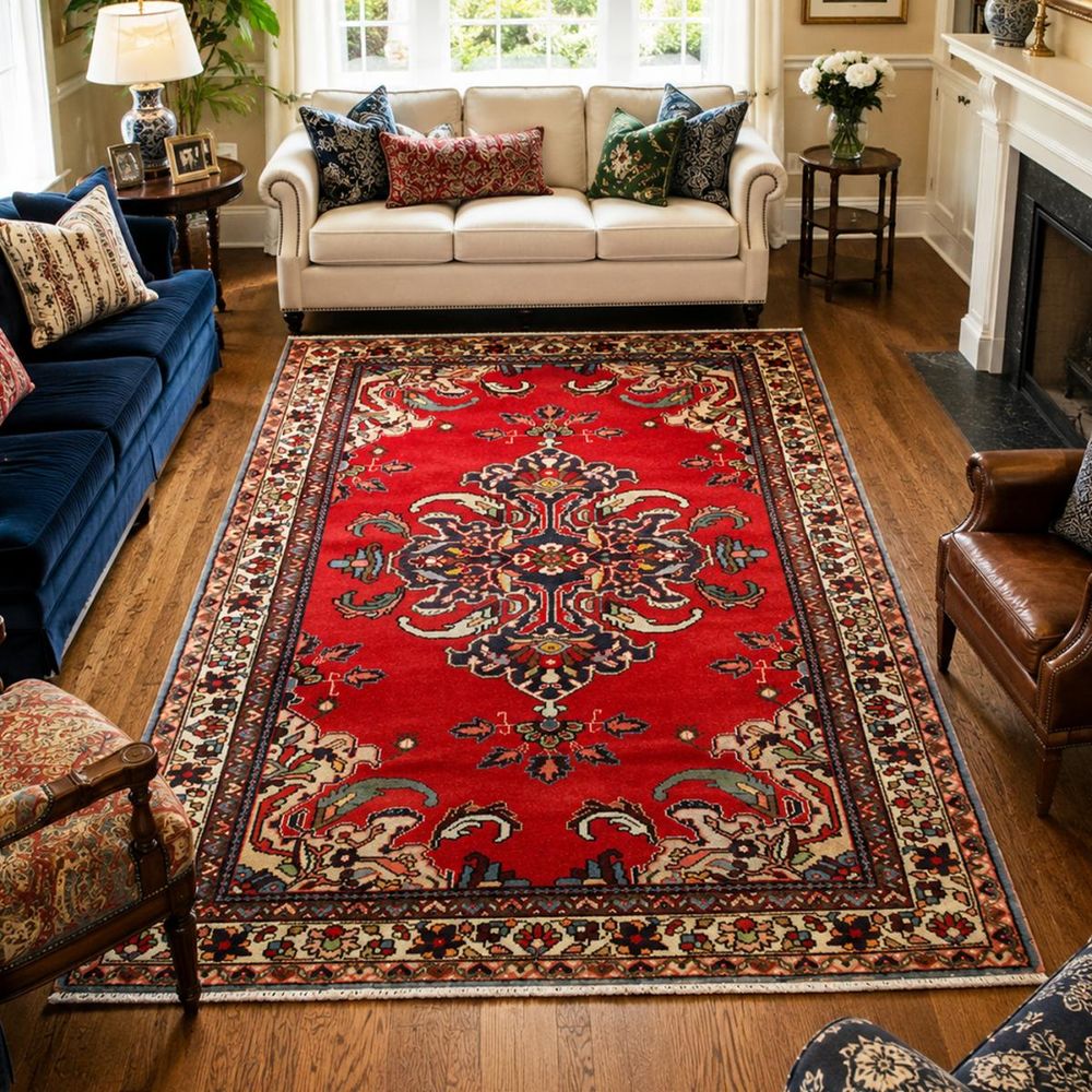 Tapis d'orient 106 x 152 cm, rouge, beige et bleu, laine nouée main, hamadan 42