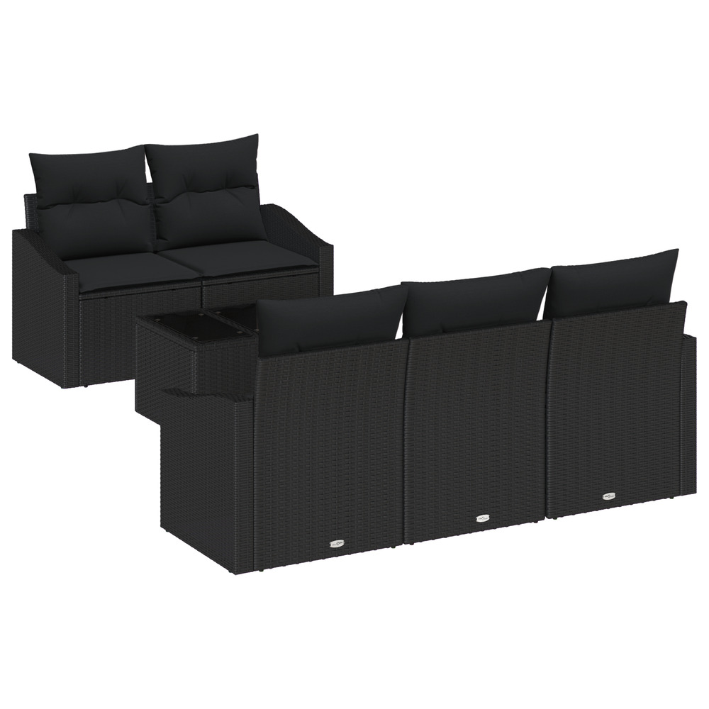 Ensemble de canapé de jardin 6 pièces avec coussins noir poly rattan