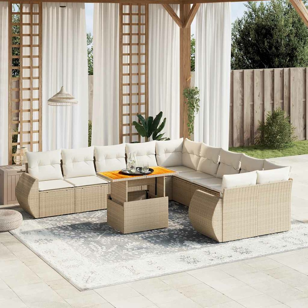 Salon de jardin 11 pcs avec coussins beige résine tressée