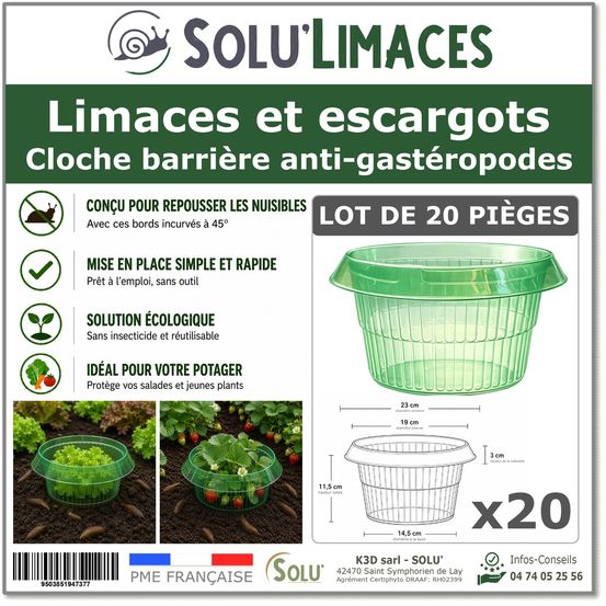 Solu'limaces- 20 cloches barrières anti-limaces et escargots-salades, fraisiers, choux – ø 23 cm