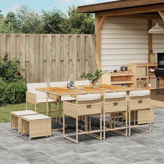 Ensemble à manger de jardin et coussins 11 pcs beige poly rotin