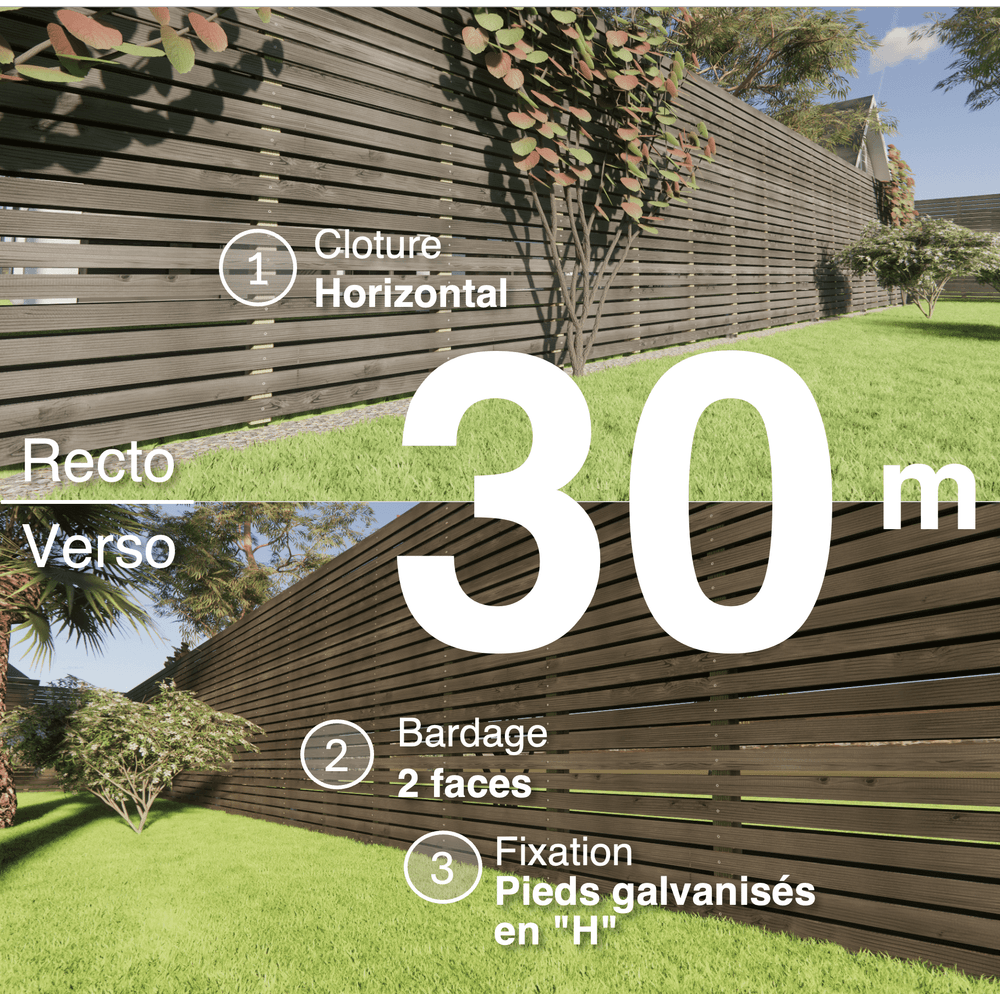 Kit clôture bois moderne 30m – h 2,3m – 20 x 70 mm noir par trempage – pose horizontal – double face – support galva
