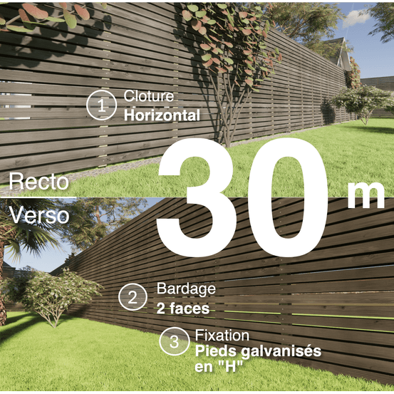Kit clôture bois moderne 30m – h 2,3m – 20 x 70 mm noir par trempage – pose horizontal – double face – support galva