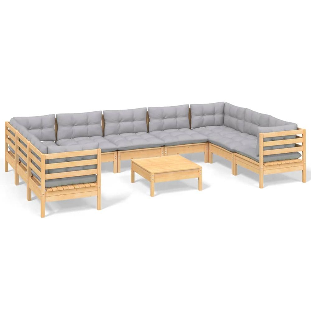 Salon de jardin 10 pcs avec coussins gris bois de pin