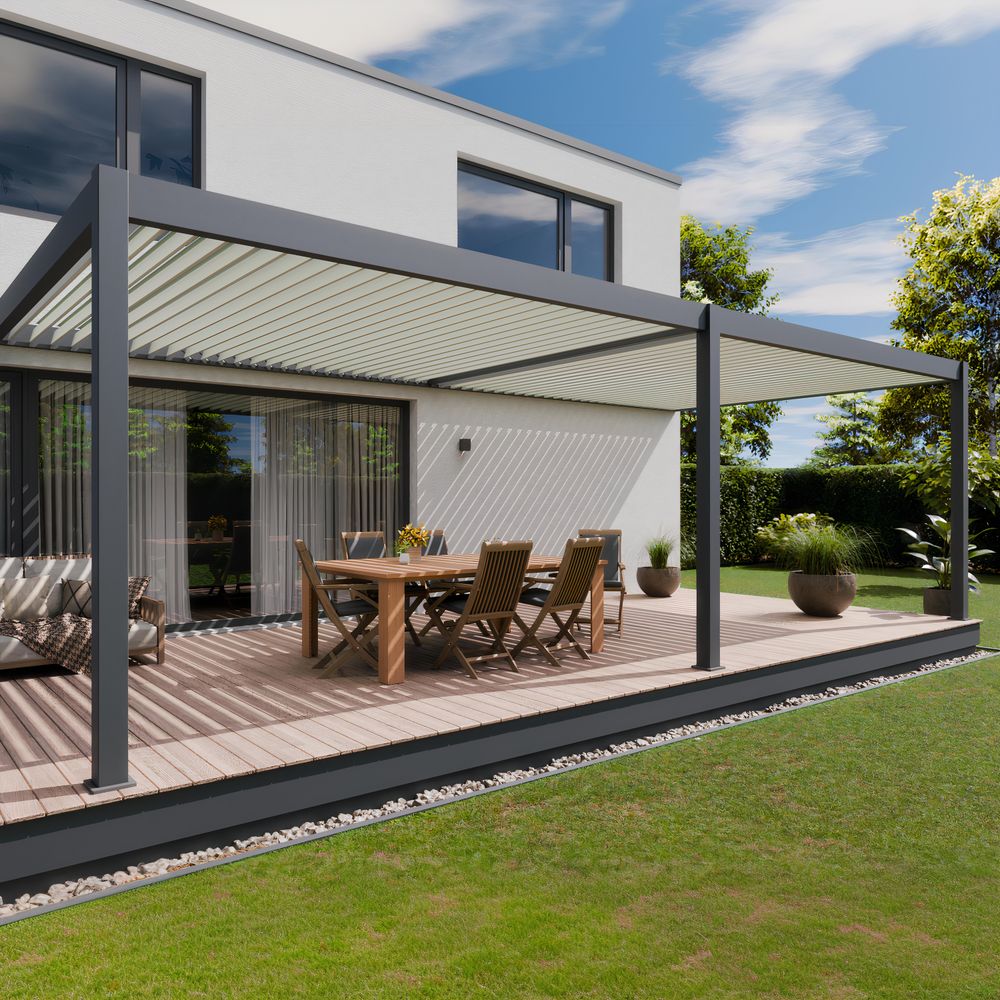 Pergola bioclimatique aluminium adossee 32m² - 4x8 - anthracite - lames orientables jusque 120 degrés - halo