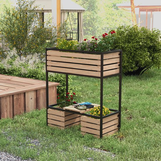 Jardinière sur pied 3 bacs étagés acier bois avec étagère extérieur 83x39x100cm marron noir
