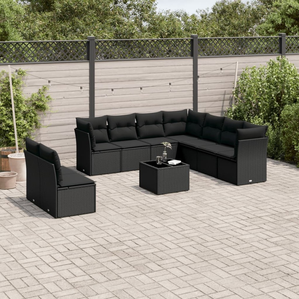 Salon de jardin 10 pcs avec coussins noir résine tressée