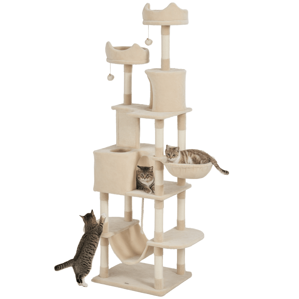 Grand arbre à chat 206 cm multi-niveaux avec niches hamacs et jouets beige