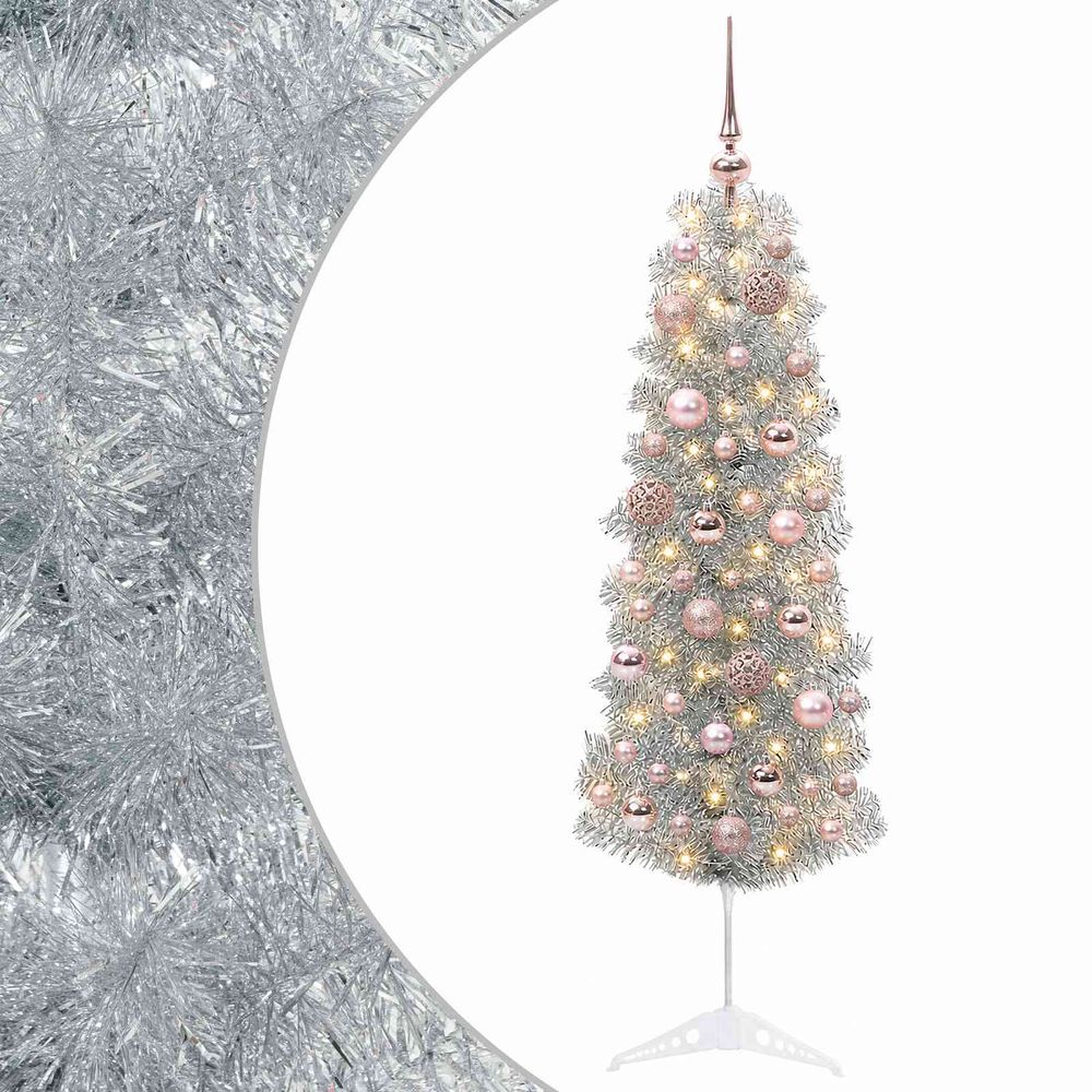 Sapin de noël artificiel étroit avec boules 150 cm 150 led