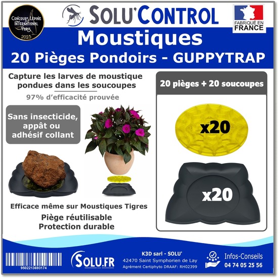 20 guppy trap + 20 coupelles, piège pondoir à moustiques, sans produit, sans adhésif, médaille d'argent concours lépine 2023