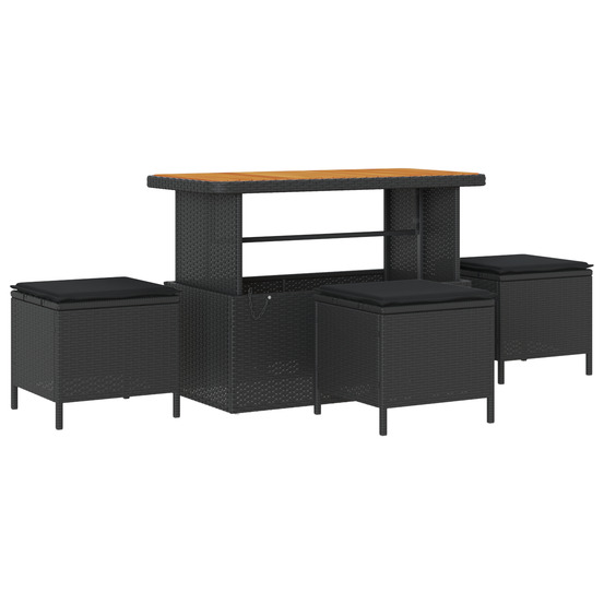 Ensemble de salle à manger de jardin 4 pièces avec coussins noirs en poly rotin et acacia