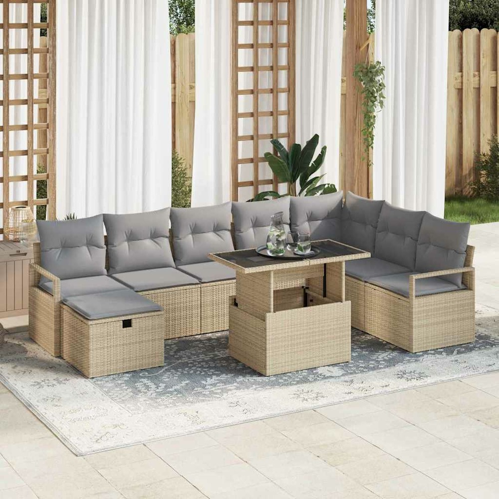 Ensemble de canapé de jardin 9 pcs beige poly rotin