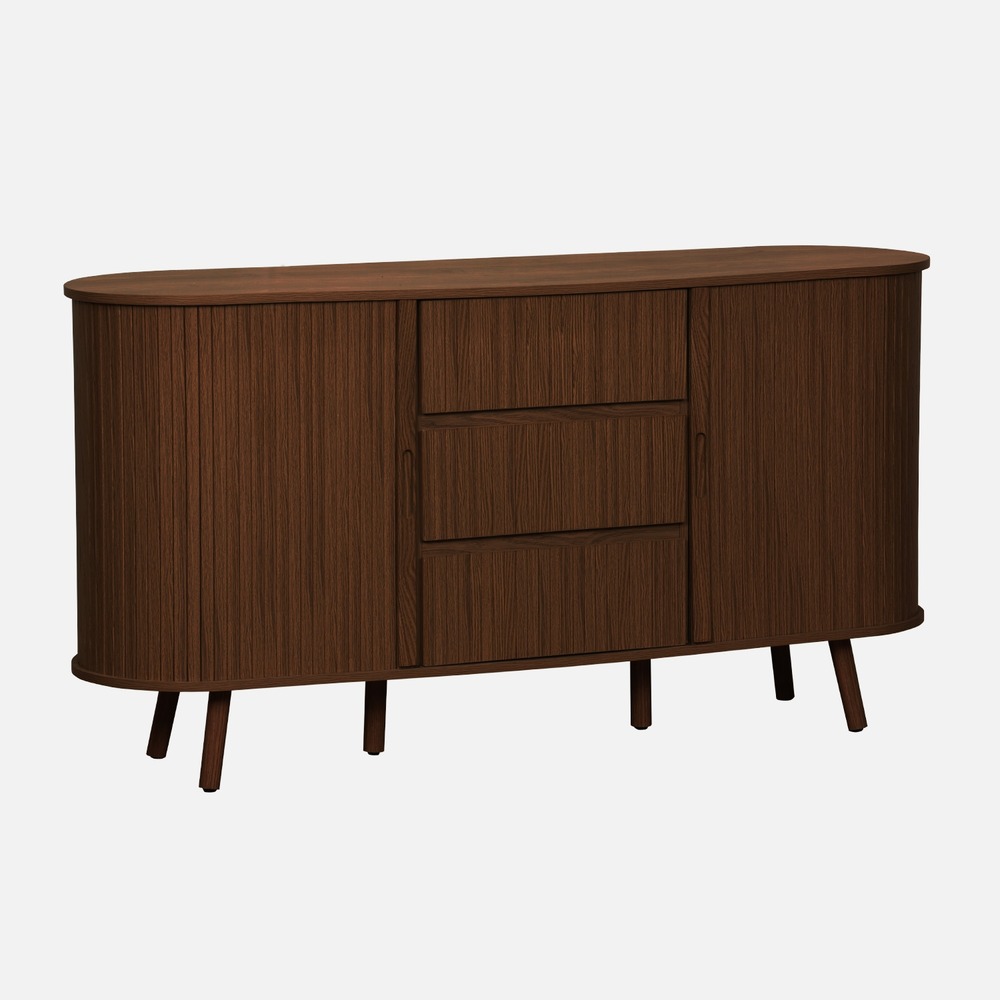 Buffet scandinave ovale 2 portes coulissantes, 4 compartiments, 3 tiroirs, décor bois rainuré, l 150 x p 40 x h 79cm