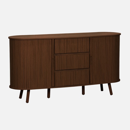 Buffet scandinave ovale 2 portes coulissantes, 4 compartiments, 3 tiroirs, décor bois rainuré, l 150 x p 40 x h 79cm