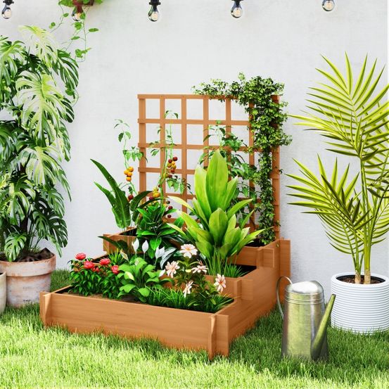 Jardinière avec treillis bois sapin potager extérieur 3 niveaux 95x95x110cm marron
