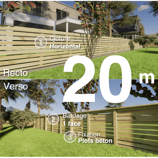 Kit clôture bois moderne 20m – h 0,9m – 20 x 60 mm autoclave vert – pose horizontal – simple face – à sceller