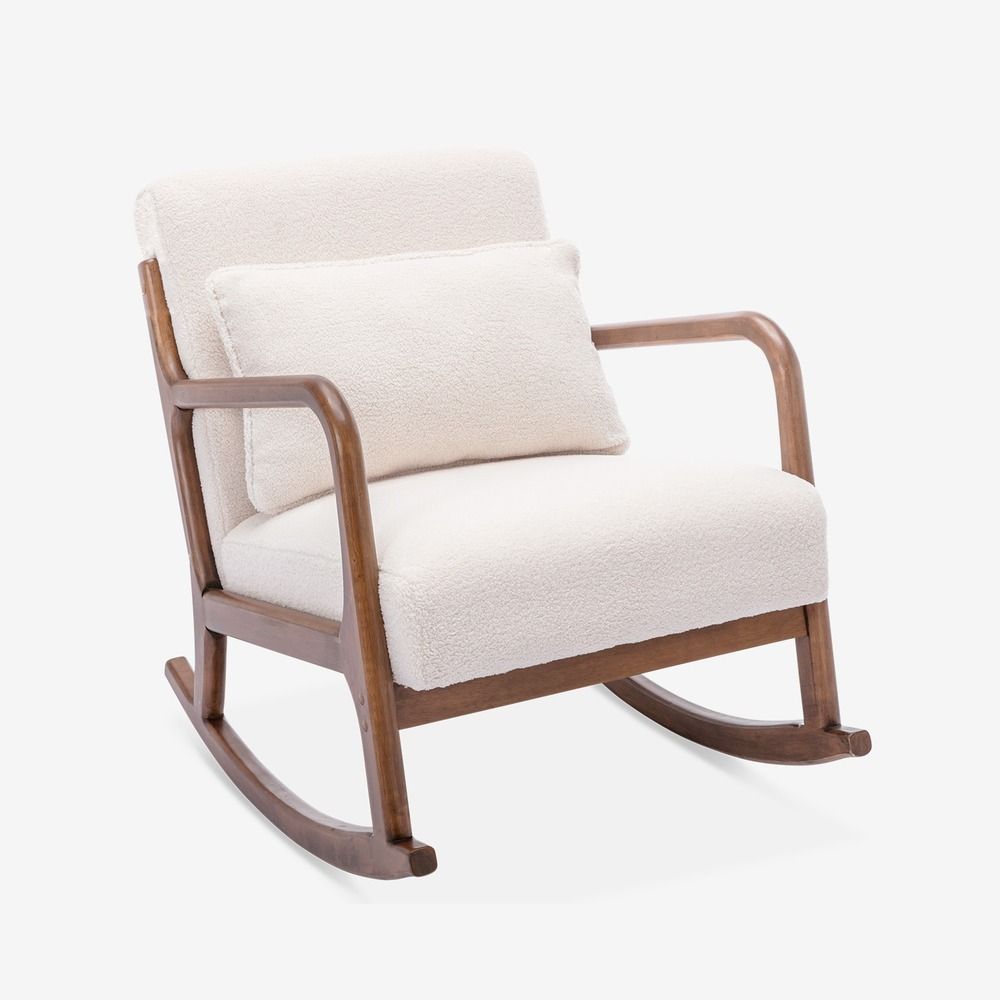 Fauteuil à bascule design en bois et tissu, bouclettes blanches, 1 place, rocking chair scandinave