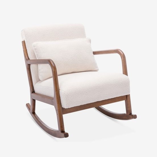 Fauteuil à bascule design en bois et tissu, bouclettes blanches, 1 place, rocking chair scandinave