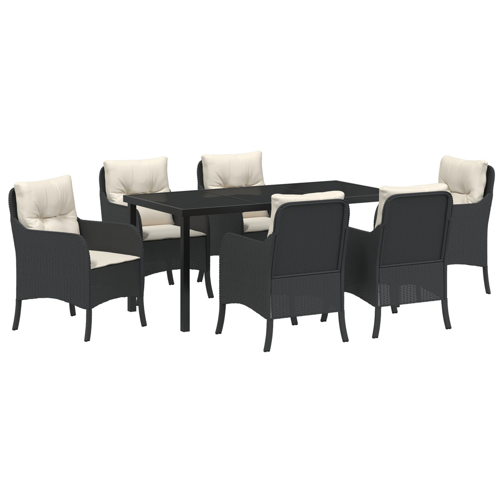 Set de salle à manger de jardin de 7 pièces avec coussins en poly rattan noir