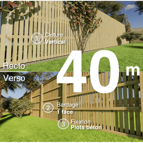 Kit clôture bois moderne 40m – h 2,3m – 20 x 60 mm autoclave vert – pose vertical – simple face – à sceller