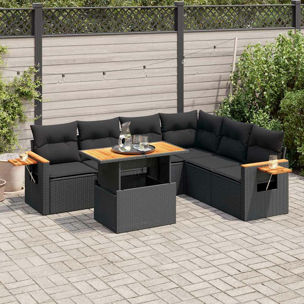 Salon de jardin avec coussins 7 pcs noir résine tressée acacia