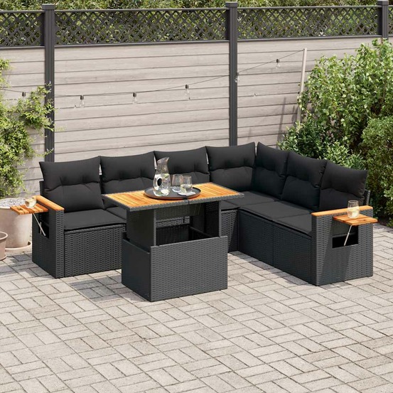 Salon de jardin avec coussins 7 pcs noir résine tressée acacia