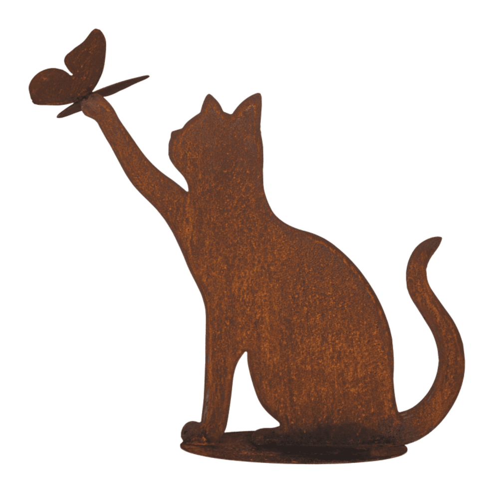 Figurine chat qui joue métal rouille : déco jardin - rouille