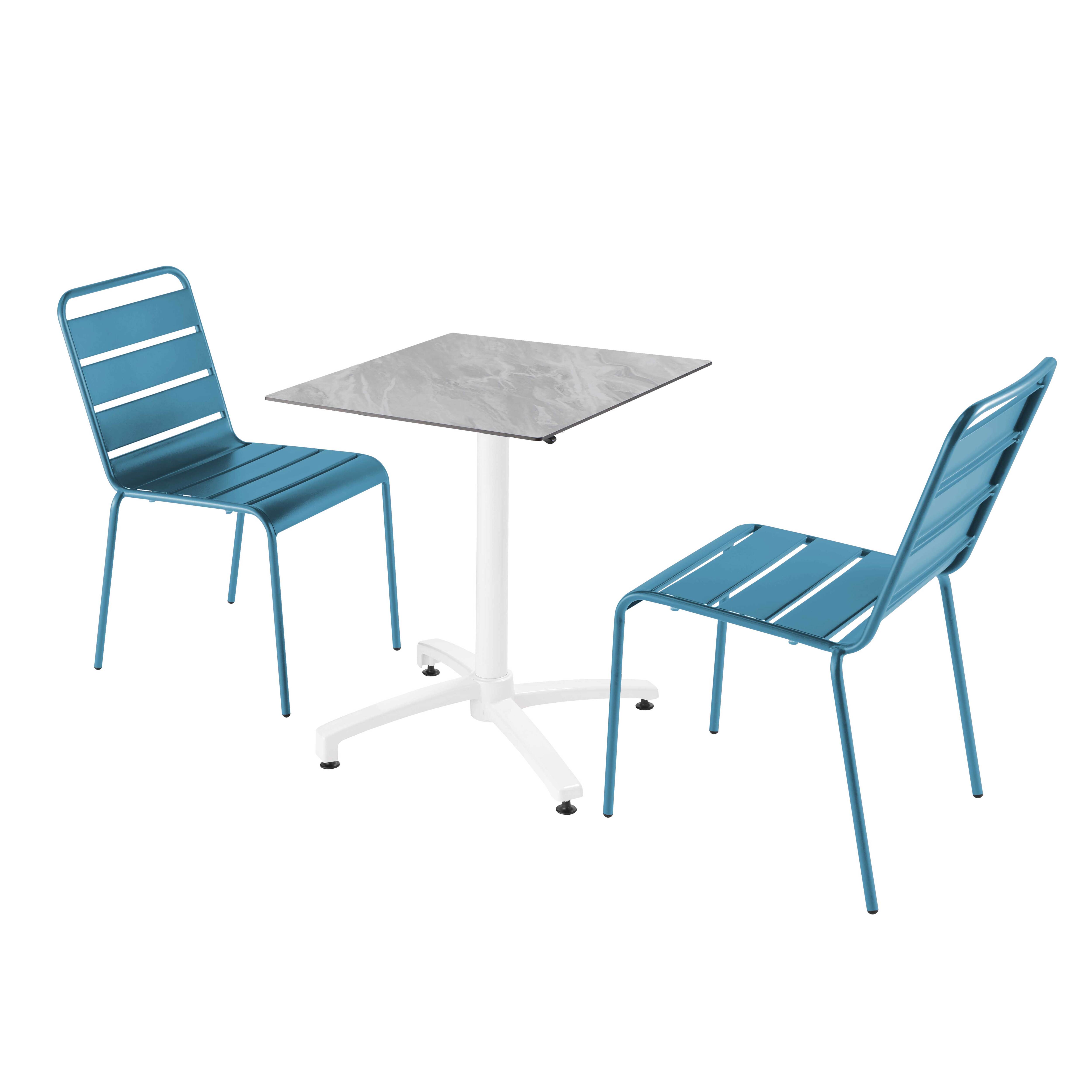 Ensemble table de terrasse stratifié marbre et 2 chaises bleu pacific
