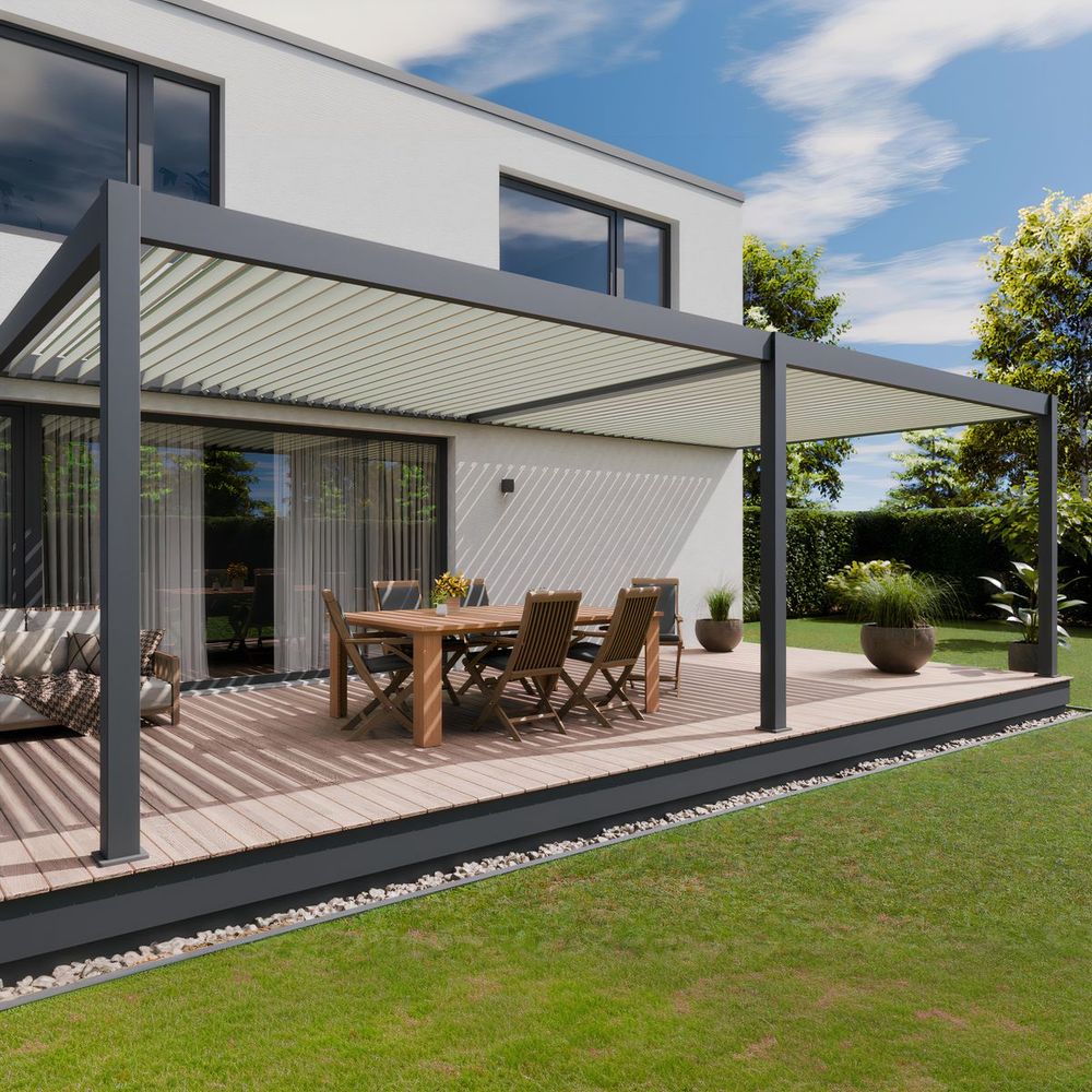 Pergola bioclimatique aluminium adossee 32m² - 4x8 - anthracite - lames orientables jusque 120 degrés - elios