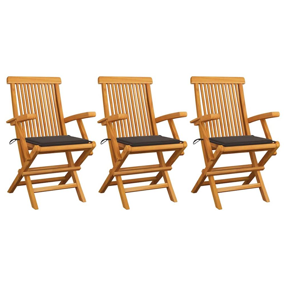 Chaises pliantes avec coussins taupe, 3 pièces, en bois de teck massif