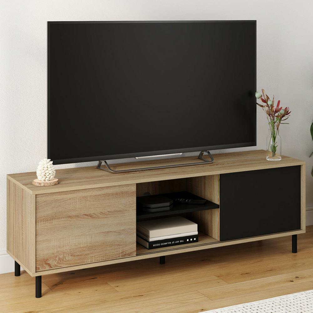 Meuble tv 140 cm easy montage sans outils 2 portes coulissantes réversibles effet bois et noir
