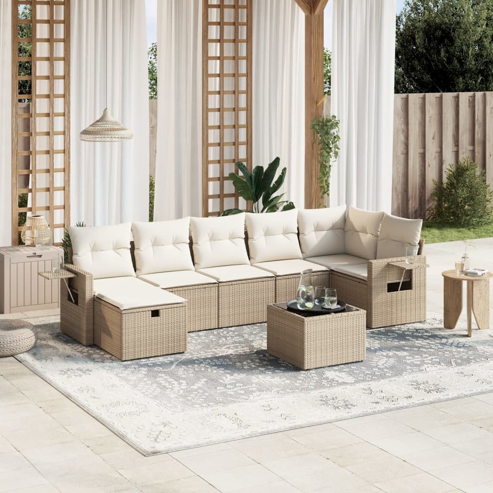 Salon de jardin avec coussins 8 pcs beige résine tressée