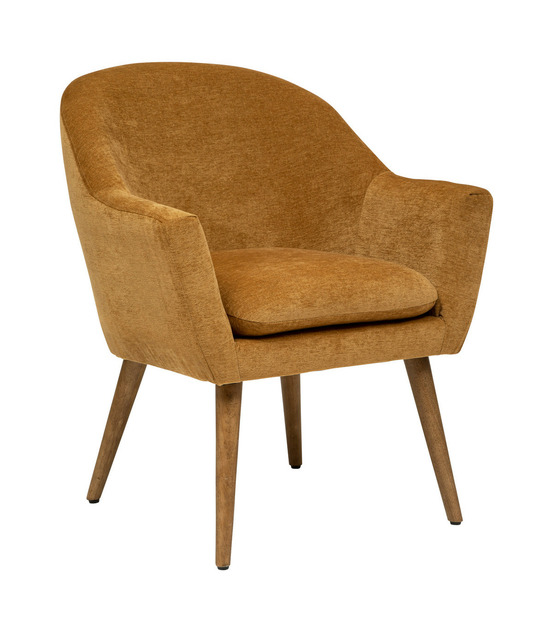Fauteuil en tissu chenille jaune ocre et pieds en bois