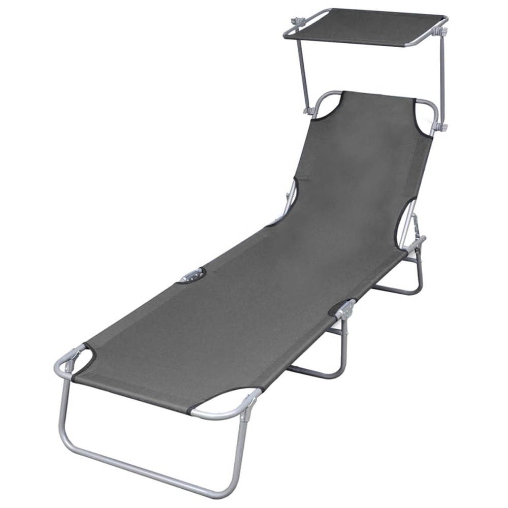 Transat chaise longue bain de soleil lit de jardin terrasse meuble d'extérieur pliable avec auvent acier gris