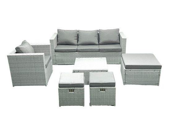 6 places salon de jardin avec canapé 3 places chaise table basse carrée 3 tabourets gris clair mixte