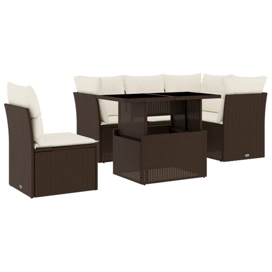 Salon de jardin avec coussins 6 pcs marron résine tressée