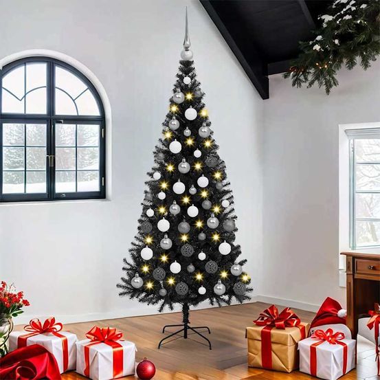 Kit sapin de noël artificiel noir 180 cm complet avec 120 boules et 300 led