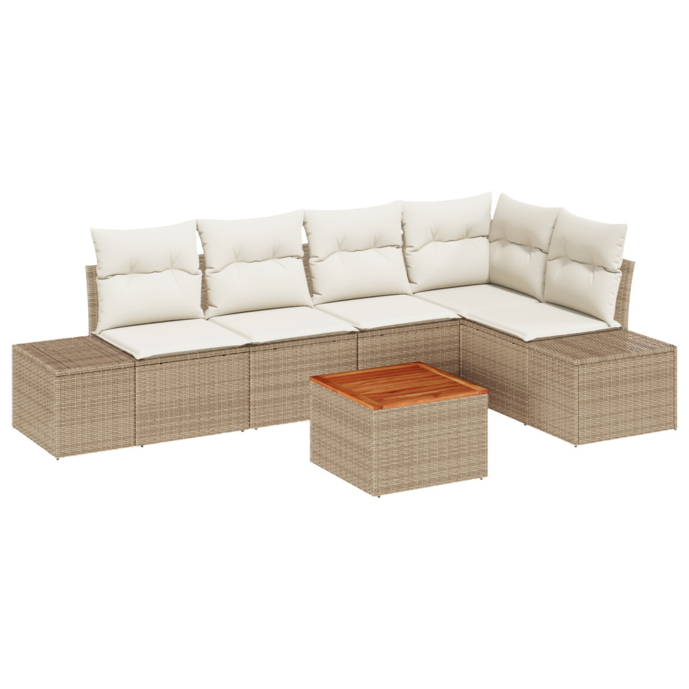 Ensemble de canapé de jardin 6 pièces avec coussins beige poly rattan acacia