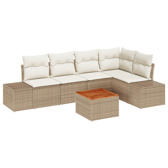 Ensemble de canapé de jardin 6 pièces avec coussins beige poly rattan acacia