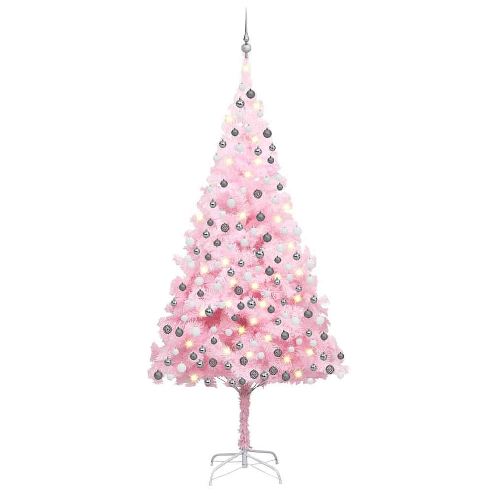 Grand sapin de noël artificiel pvc lumineux led et boules rose 210cm