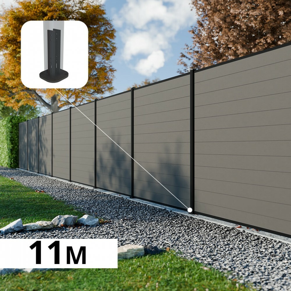 Kit clôture composite rio platines 11x1,8m - bois composite & aluminium - poteaux noir sur platines- brise vue - palissade